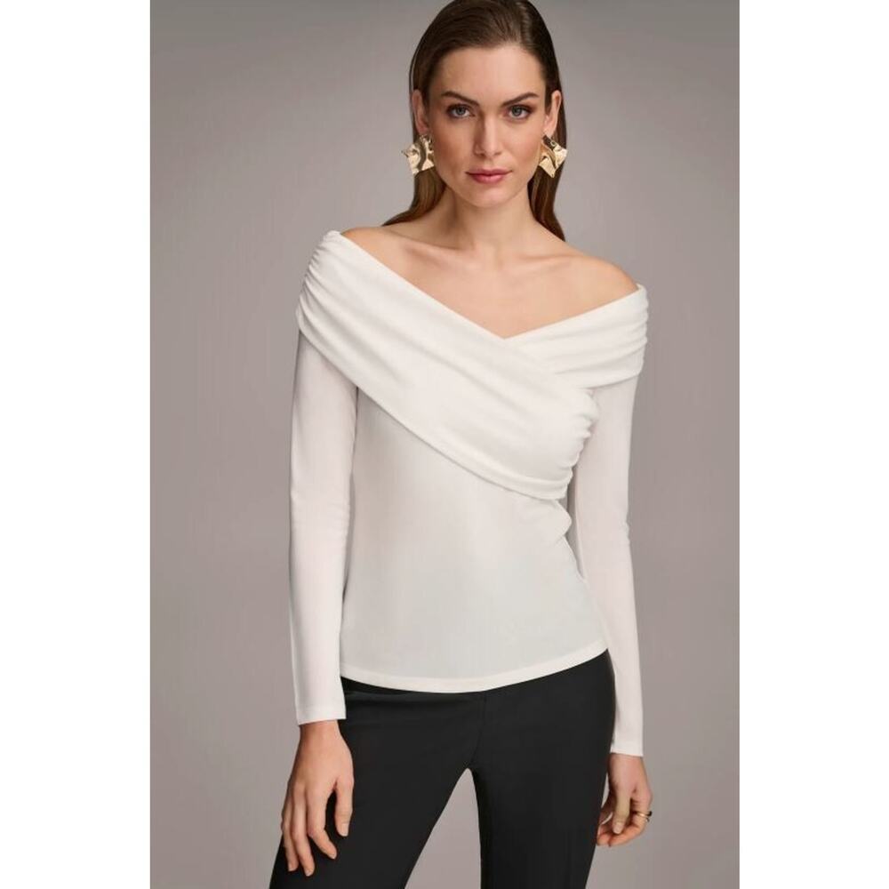 Donna Karan Off-Shoulder Draped White Long-Sleeve Top